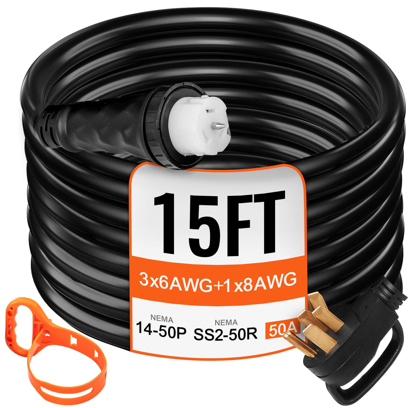 Vevor 15 Ft 50 Amp Generator Extension Cord Nema 14-50P To Ss2-50R & Cs6364, Stw 6/3+8/1 Awg 125/250V Generator Power Cord Twist
